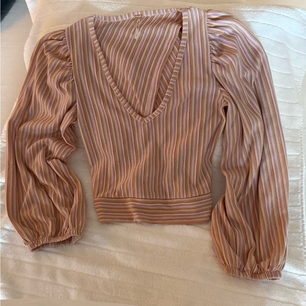 Free People Autumn Nights Striped Puff Sleeve Tie-Back Top - Orchid Rain - Picture 8 of 8